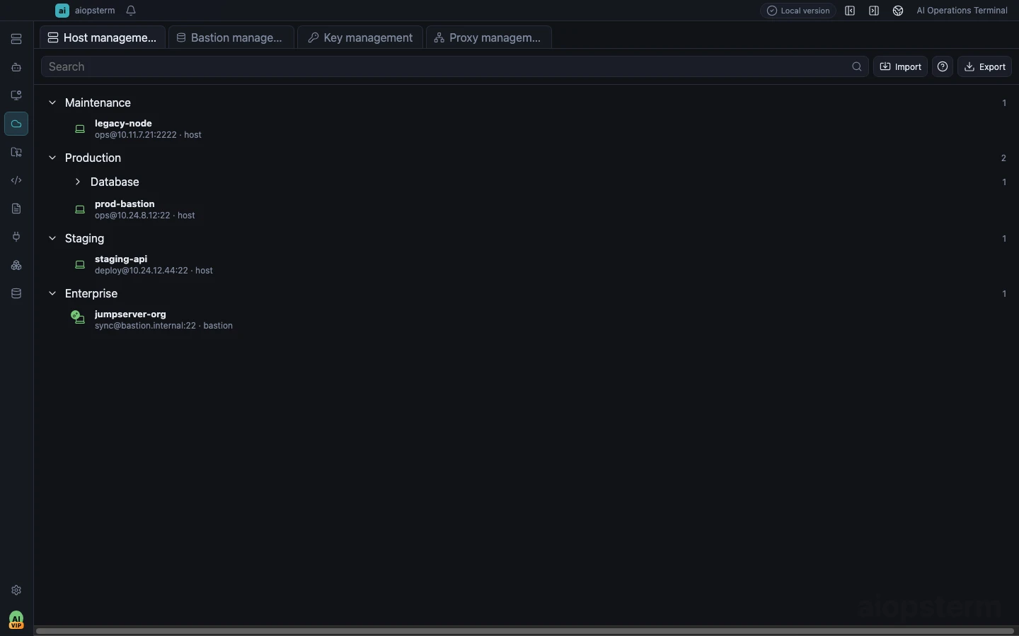 aiopsterm asset management index for hosts, bastions, keys, and proxies