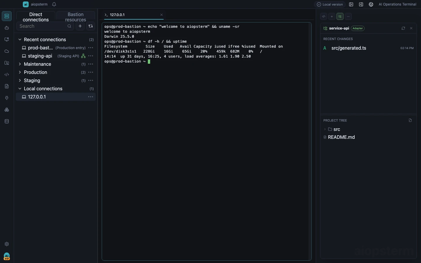 aiopsterm main workspace with host asset tree, terminal session, and AI session panel